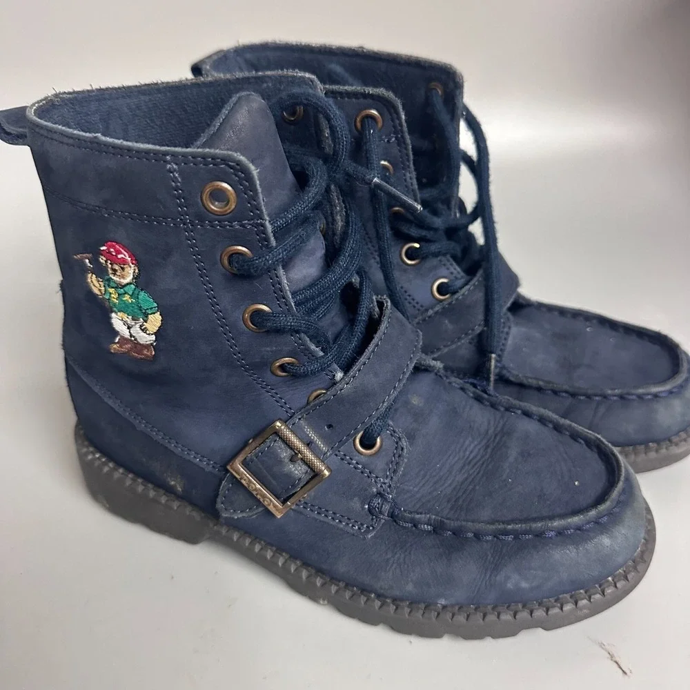 Polo Ralph Lauren Ranger Hi II Navy Blue Leather Polo Bear Boots Boys Size 2
